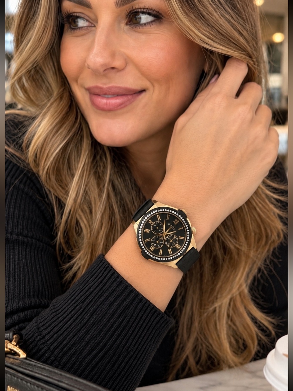 GUESS Rose Gold and Black Crystal-Accent Chronograph Watch great for gifts 🎁